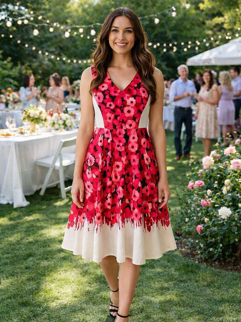 Pink & White V Neck Floral Sheath Flare Wedding Party Resort Tropical Dress 8